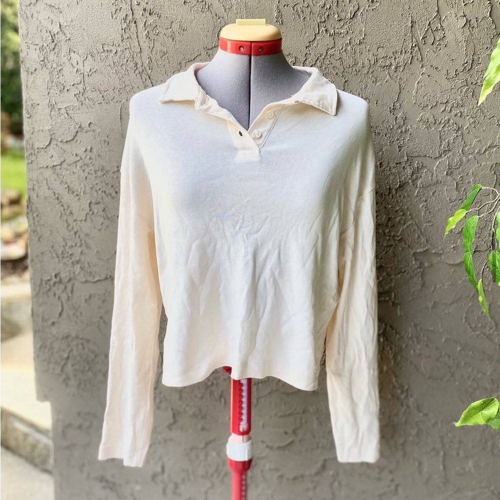 Mango Cream Quarter Button Collared Long Sleeve Top